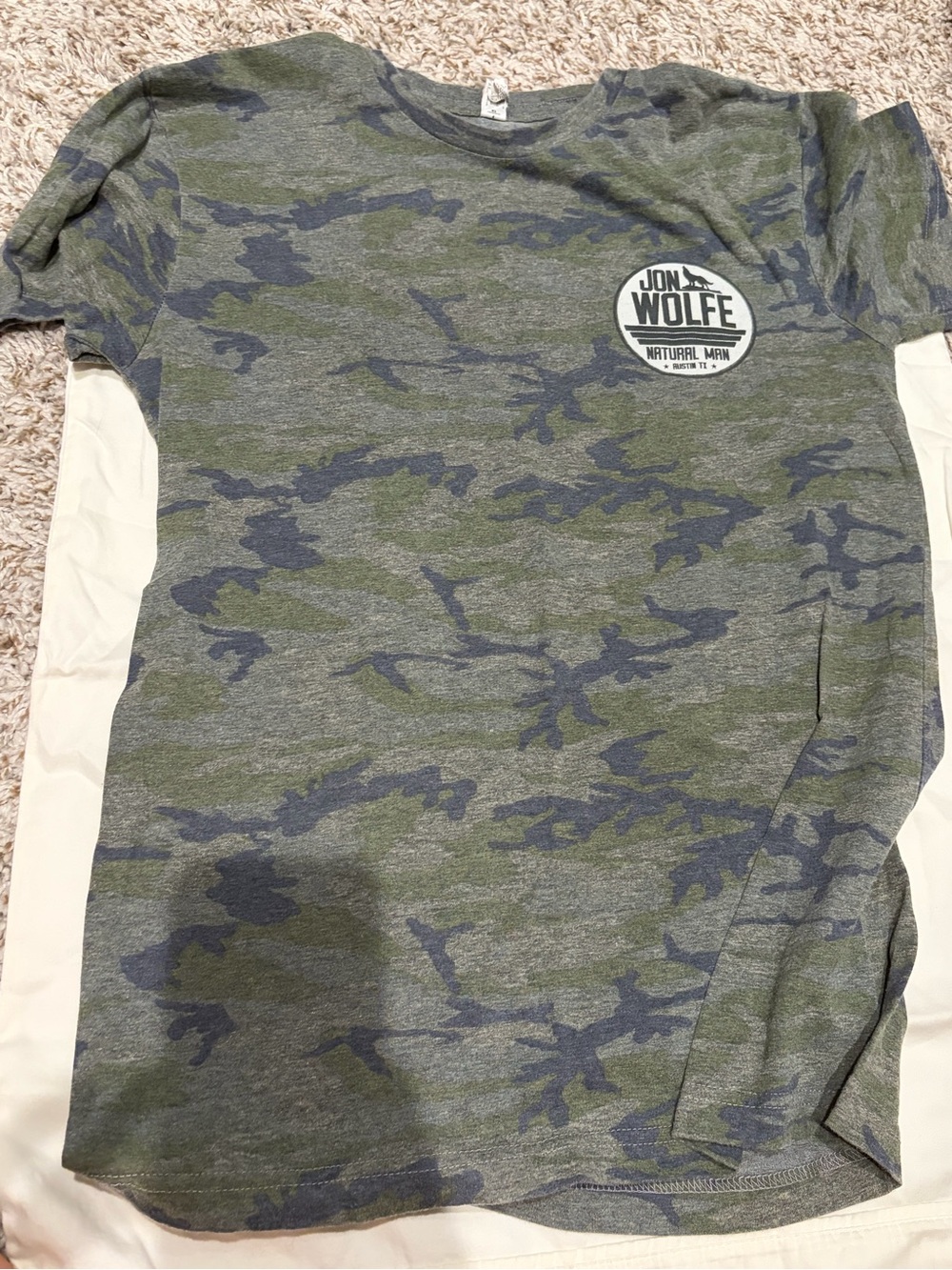 Jon Wolfe Camouflage Logo Tee - Green & Navy Live and Tell